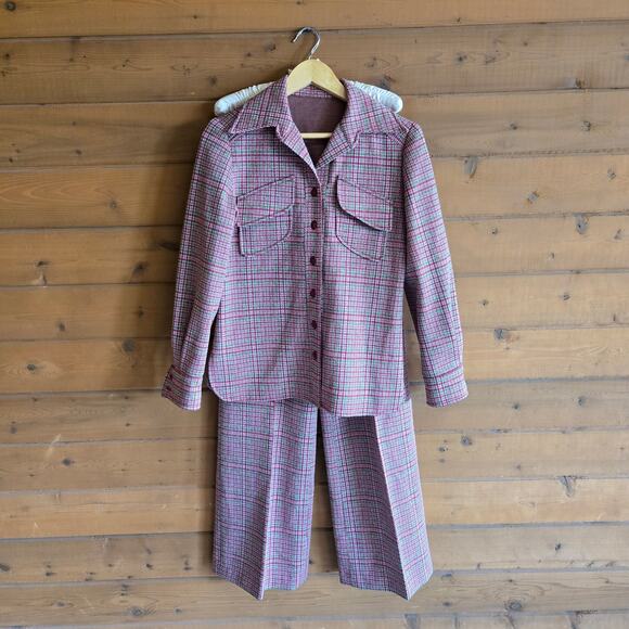 Vintage Jackets & Blazers - Vintage Pantsuit Set Trouser Button Down Long Sleeve Top Plaid Leisure Suit L